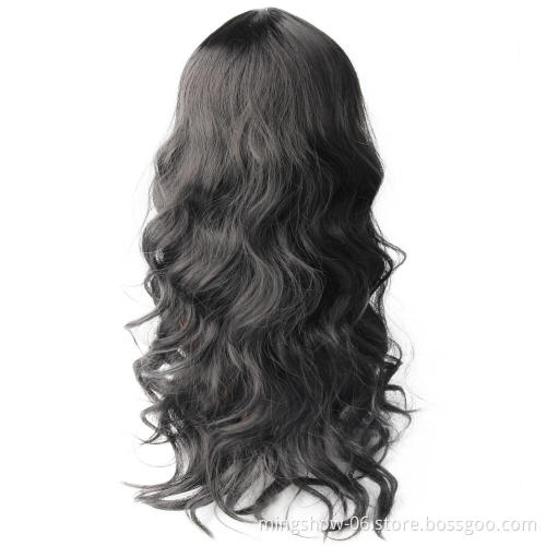 cheapest long black body wave premium synthetic hair wig with bangs